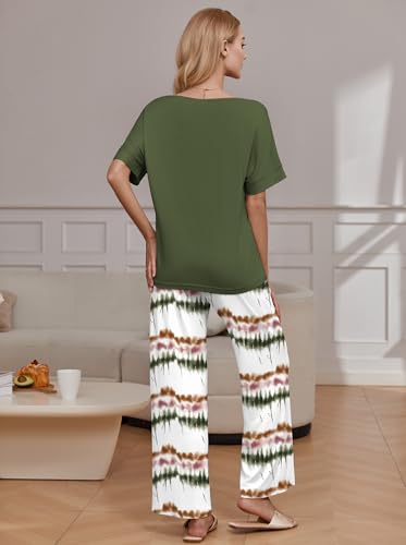 Image of Ekouaer Pajama Sets for Women 2 Piece Lounge Set Short Sleeve Tops and Long Pants Soft Comfy Pjs Sleepwear Outfits S-XXL