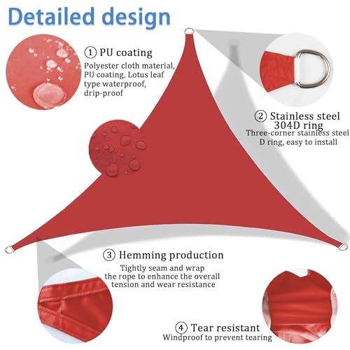 Auvent imperméable triangle rouge de 5x5m avec cordes - 7