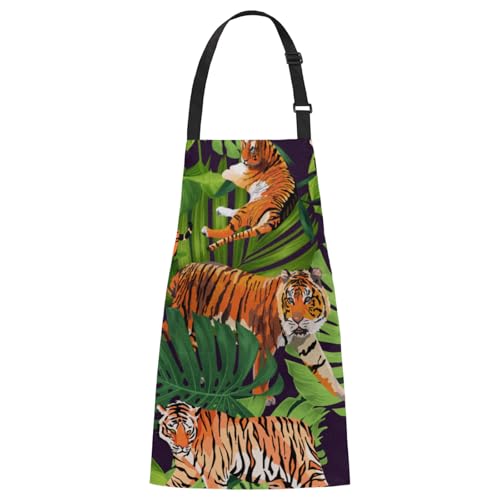 Aglebo Tigers Tropical Leaves Chef Apron with Pockets Adjustable Shoulder Strap Waterproof Cooking Apron for Kitchen Baking Gardening Pottery Painting