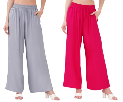 Image of Buy That Trendz Palazzo Pants for Women Rayon Elasticated Regular Fit Flared Wide Leg M to 6XL Pack of 2