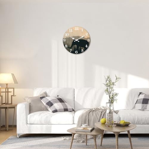 Image of XFM Vintage Elephant Wall Clock 12 Inch Silent | Battery Operated, Farmhouse Wooden Clock, Decorative for Kitchen Cabin Lodge Bedroom