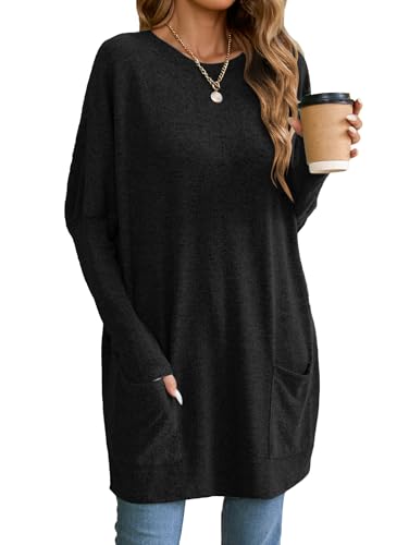Famulily Women's Long Sleeve Tunic Tops Crew Neck Blouses Dressy Casual Loose Fit Lightweight Fall Winter Shirts Black M