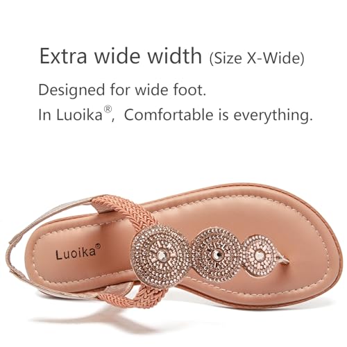 Luoika Women's Wide Width Flat Sandals, Flip Flop Thong Sandals Strappy Rhinestone Comfortable Summer Beach Shoes for Women.2