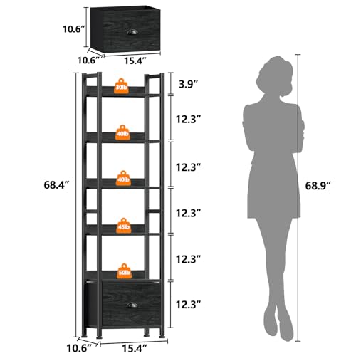 Image of Furologee Book Shelf Set of 2, 6 Tier Tall Shelf with Drawer, Bookshelves and Bookcases Set of 2, Industrial Display Shelving Unit for Bedroom, Living Room, Home Office, Black Oak