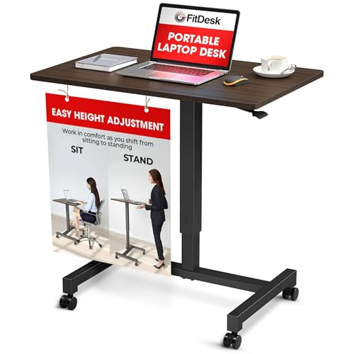 FitDesk Portable Laptop Desk, Rolling Standing Workstation Adjustable Height, Compact Standing Table with Large Surface, Small Stand Desk for Home Office, 30 lb Weight Limit – Walnut, 27' Tabletop