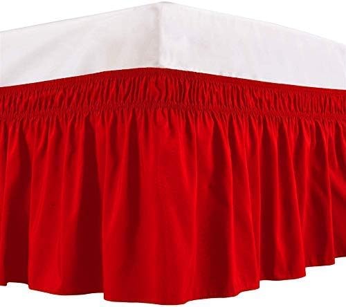 Wrap Around Bed Skirts Elastic Dust Ruffles, Easy Fit Wrinkle and Fade Resistant Silky Microfiber Fabric Solid Color Bedskirt, 18 Inch Tailored Drop Red for Short Queen Size Bed Skirt