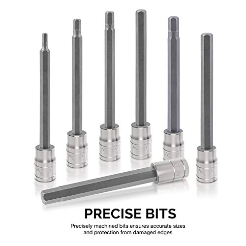 Neiko 10076A 3/8” Drive Extra Long Allen Hex Bit Socket Set, Metric, 3mm to 10mm | 7-Piece Set, S2 and Cr-V Steel