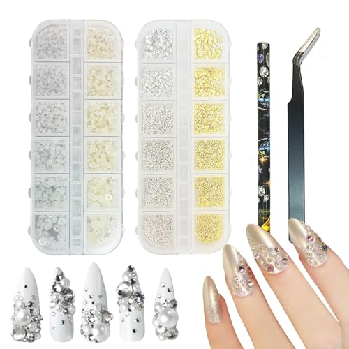 KAIYAYA 2 Stück Nailart Perlen, Gold Silber Kaviar Strasssteine Weiß Beige Mini Nagel Steine Mikroperlen Dekor für Nägel Design,Perlen Nail Charms Set mit Pinzette und Stift