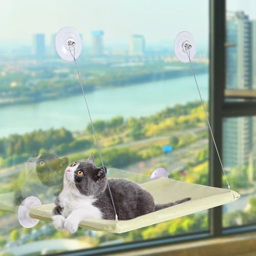 Cat Window Bed - Cat Window Hammock Perch with 4 Strong Suction Cups Reversible Washable Cover Hammock Bed Space Saving and Sturdy Comfortable Seat for Cats Supports 15KG(55x34CM)