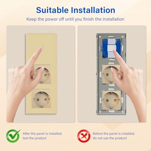 BSEED Touch Lichtschalter mit Steckdosen 1 Fach 1 Weg Wandschalter mit doppelten Steckdosen Unterputz Touchscreen-schalter mit Glasrahmen 228mm Golden