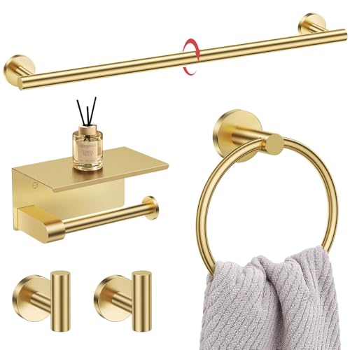 Juego de 5 toalleros de baño de Oro Cepillado, Soporte de Papel higiénico Mejorado con Estante para Toallas, Juego de Accesorios para baño, de Acero Inoxidable, montado en la Pared