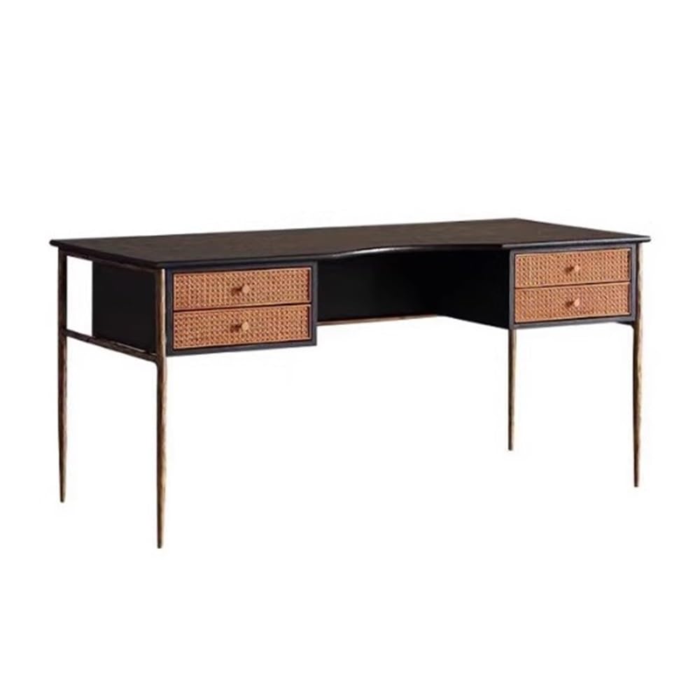 Table Bureau à domicile en chêne avec tiroirs rotin et structure métal