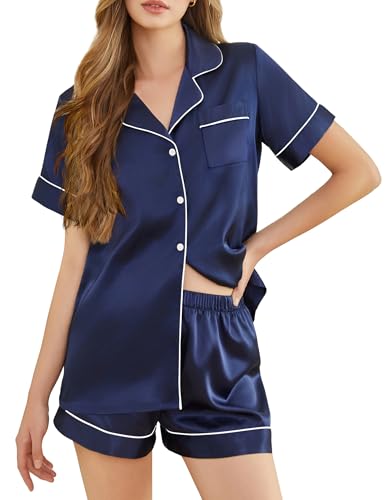 SHEFOTY Silk Pajamas for Women Short Sleeve Sleepwear Soft Button Down Loungewear 2 Piece Satin Pjs Shorts Set S-XXL Navy Blue