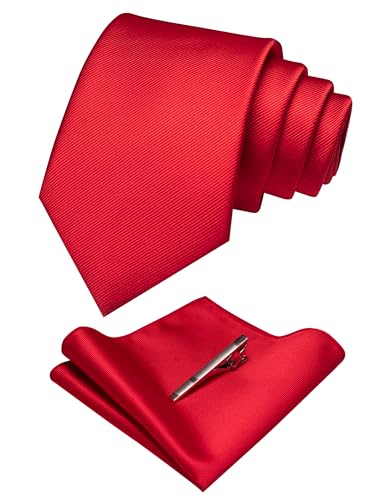 JEMYGINS Red Formal Necktie and Pocket Square Hankerchief and Tie Bar Clip Sets for Men