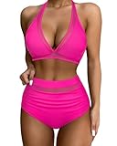 SUUKSESS Women Sexy High Waisted Bikini Sets Mesh Tummy Control Two Piece Swimsuits Halter Push Up Bathing Suits(Hot Pink,L)