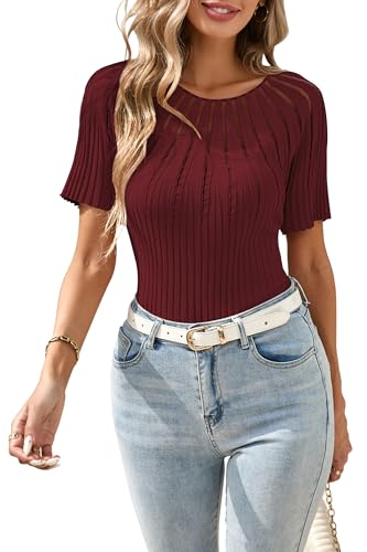 Cakulo Womens Summer Short Sleeve Sweaters Ribbed Sheer Knit Tops Lightweight Pullover Sweater 2025 Burgundy X-Larg2