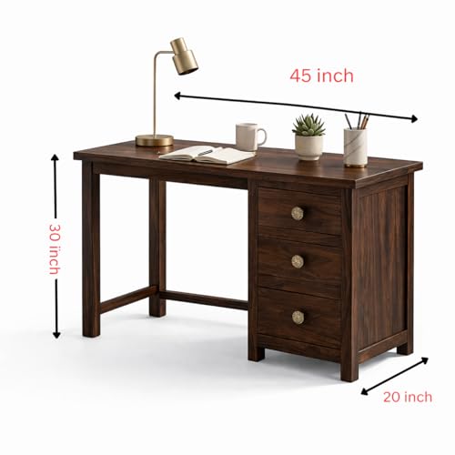Image of Solid Sheesham Wood Study Table with 3 Drawers & - Dark Walnut Finish Writing Desk for Home Office, Bedroom & Study Room, Durable Wooden Computer Desk with Storage