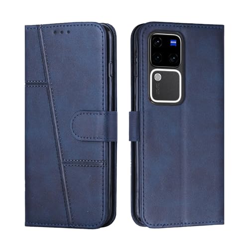 Image of for Vivo V30 Pro 5G / Vivo V30 5G Flip Cover Leather Finish | Inside TPU with Card Pockets | Wallet Stand | Complete Protection Flip Case Blue