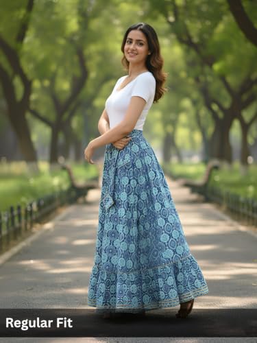 Image of GRECIILOOKS Women's Casual Summer Beach Skirts | Maxi Skirt for Women High Waist | Boho Ethnic Flared Skirts | Indian Long Skirt Rayon Printed | Elastic Waist Long Skirt's for Women