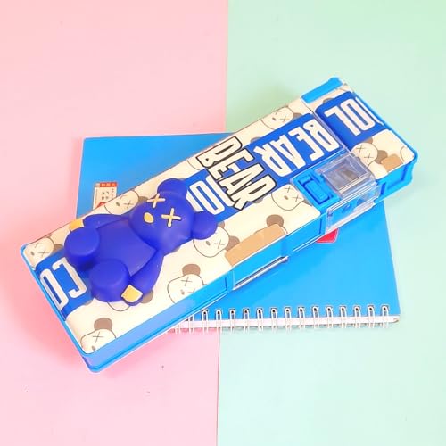 Image of Amitasha Plastic Pop Up Multifunction Pencil Case For Kids Cool Teddy Bear Pen Box For Boys & Girls School Supplies Organizer Stationery Pencil Holder With Dual Sharpener, Magnetic Flap, Multicolor