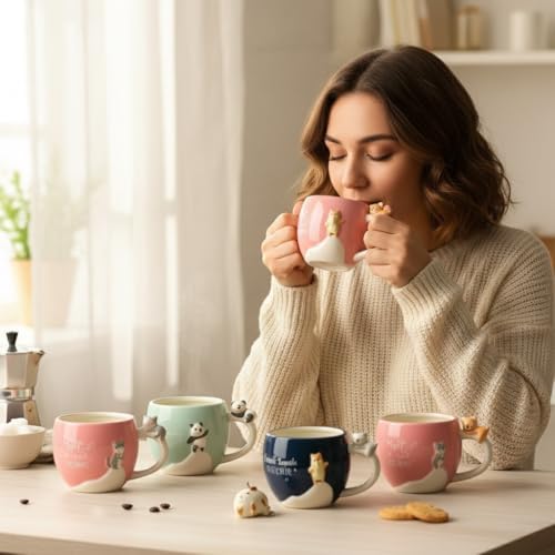 Deconox 3D Sevimli Hayvan Figürlü Porselen Kupa - 460 ml Büyük Boy - 6 Farklı Modelden Biri (Sürpriz/Asorti) - Hayvan Kulplu Eğlenceli Hediyelik Mug - Görsel 2