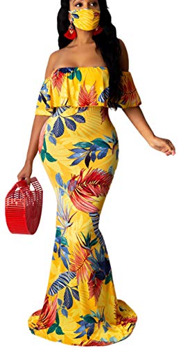 BestGirl Women s Off Shoulder Maxi Dresses Hawaiian Floral Printed Elegant Ruffles Slim Evening Gowns Long Dress Yellow