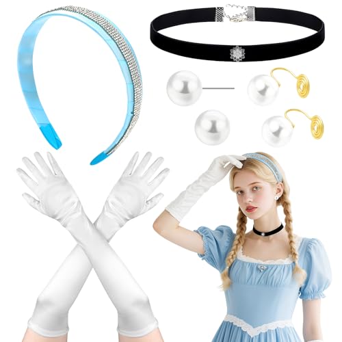 5-teiliges Blaues Prinzessinnen Kostümzubehör-Set, Cinderella Kostüm Mädchen mit Stirnband, Halsband, Handschuhen, Ohrringen und Ohrclips,...