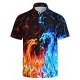 Pocxoep Flame Dragon Golf Shirt Men's Funny Polo Shirts Button Up Short Sleeve Dragon Outfit Shirt for Men Women