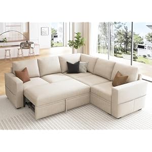 HONBAY Modular Sectional Sleeper Sofa with Pull Out Bed, L Shaped Couch with Storage Seat, Convertible Sectional Couches for Living Room, Beige