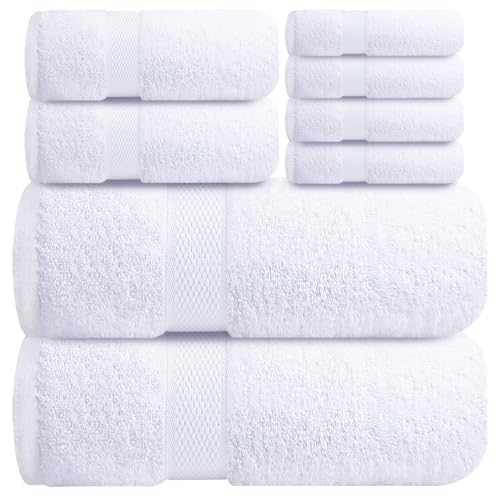 Infinitee Xclusives Premium Bath Towel Set 8-Piece (2 Bath Towels, 2 Hand Towels, 4 Washcloths), Super Absorbent Soft 100% Ring-Spun Cotton for Spa, Gym, Hotel & Bathroom, Brilliant White