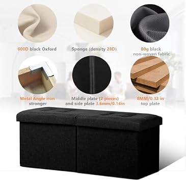 AmasSmile 2PC Storage Bench Folding Storage Ottoman Foot Rest Stool, Black Linen Footstool Bench, Short Ottoman Bench, Storage Foot Rest Store as Books, and Blanket Storage or Others, 34in and 17in