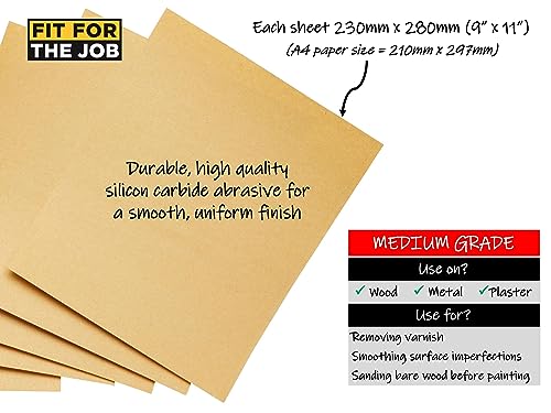 Fit For The Job 10 große Blätter im A4-Format Schleifpapier mittlerer Qualität zum Schleifen von Holz, Möbeln, Metall, Putz für Heimwerkerarbeiten, Dekorieren und mehr, 230mm x 280mm