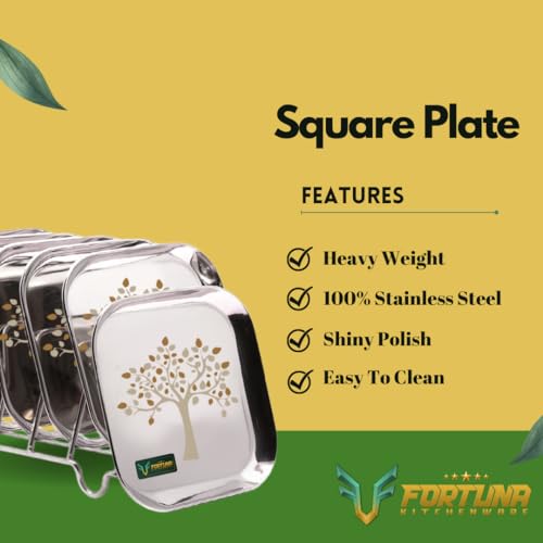 Image of Stainless Steel Plates Set of 6 | Square Plates | Breakfast /Lunch /Dinner Plates Set of 6, Diameter: 8 Inches (Plain) (10 Inches, Laser Print)