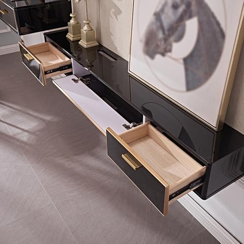 Console multimédia murale noire au design suspendu et finitions mates