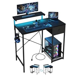 X-cosrack 33.5″ Small Gaming Desk with LED Lights & Power Outlets, Compact Computer Desk with Monitor Stand & CPU Stand, Gamer Table with Storage Drawer, Side Hooks for Home Office, Bedroom, Black