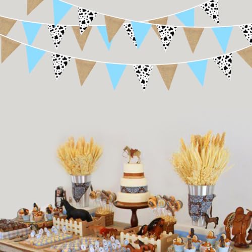 Image of 32Ft Western Cowboy Party Decorations Burlap Cow Triangle Flag Fabric Banner Pennant Bunting Garland Streamer for Western Cowboys Birthday Baby Shower Derby Day Farm Animals Wild Party Decor Supplies