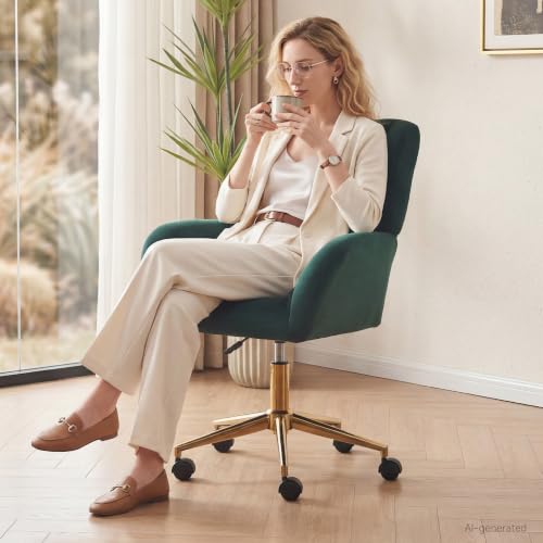 Image of FOXHUNTER Vanity Chair with Ergonomic Back & Wheels, 360 Swivel Accent Chair, Adjustable Height Home Office Chair for Living Room, Bedroom (Velvet, Green)