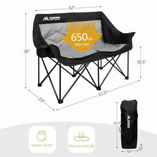 Huskfirm 2 Person Camping Chair Oversized Loveseat Camping Chair Double Camping Chairs for Adults Heavy Duty Camping Couch Black Outdoor Folding Chair Portable Patio Lawn Chair HF-LS-001 の商品画像 2