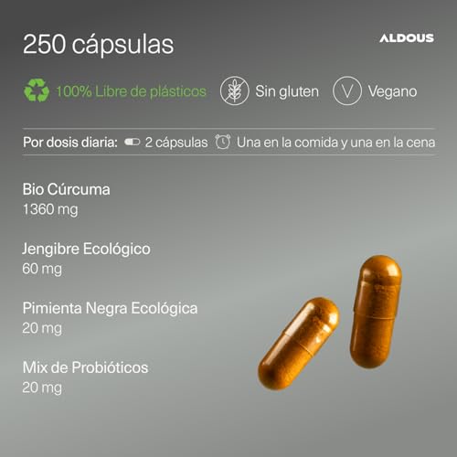 Miniatura 3 de 250 Cápsulas Probióticos Bio Cúrcuma Con Jengibre Y Pimienta Negra - 1460mg - Con Curcumina Y Piperina - Antiinflamatorio Natural - Fórmula Avanzada - Certificación Ecológica