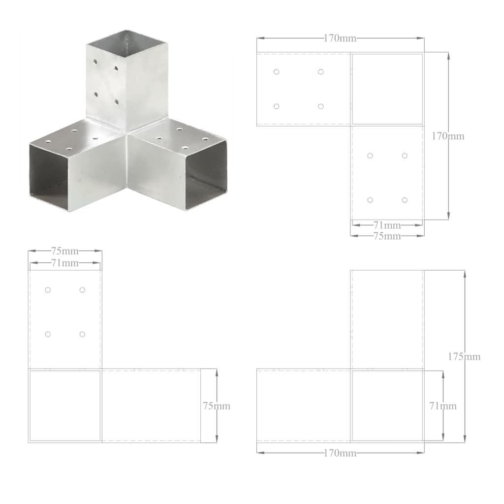 vidaXL Conectores de postes en Y 4 uds metal galvanizado 71x71 mm