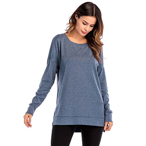 Timagebreze Camisetas De Manga Larga De Mujer Chaqueta Túnica Pulóver Suelto Informal De División Lateral Blusa De Gran Tama？o De o Cuello Azul XL