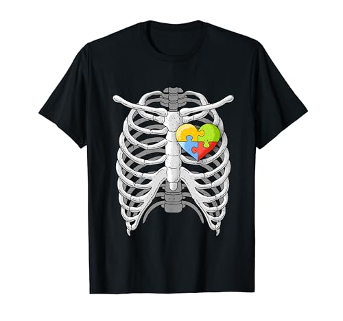 Autismo Conciencia Halloween Esqueleto Xray Rompecabezas Corazón Camiseta