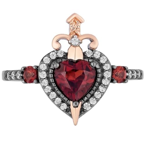 Ranjeeta Heart Cut Red Garnet & White Diamond 925 Sterling Silver 14K Two-Tone Gold Over Diamond Evil Queen Heart Sword Wedding Anniversary Ring for Women's