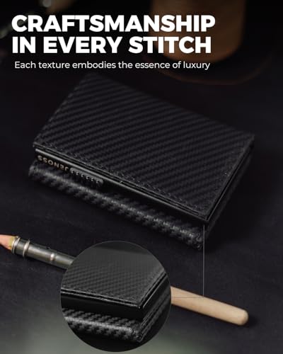 Image of Jenoss Smart Wallet For Men: Full Grain Leather, Handcrafted, Slide Metal Pop Up Case, Slim RFID Blocking Credit Card Holder, Minimalist, Compact - 9-12 Card Organizers | ID | Money Clip (Carbon)