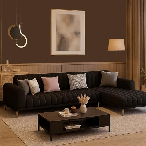 Image of Casaliving Herrick RHS 6 Seater L Shape Sofa Set with 2 Puffy for Living Room (Black) Premium Velvet Fabric Sofa
