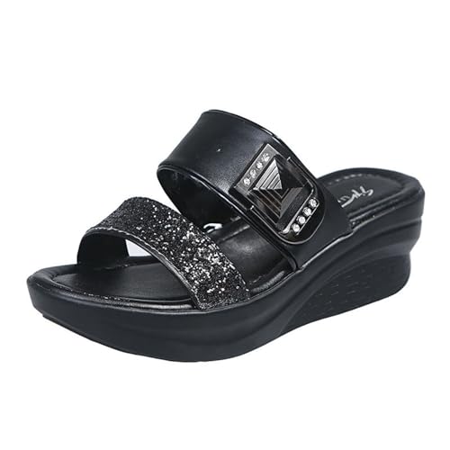 Low Wedge Sandals, Women's Summer Slip on Flats Open Toe Glitter Platform Wedge Sandals, Comfort Beach Casual Flip Flops, for Outdoor Walking, Entertainment, Leisure, Shopping, Leisure