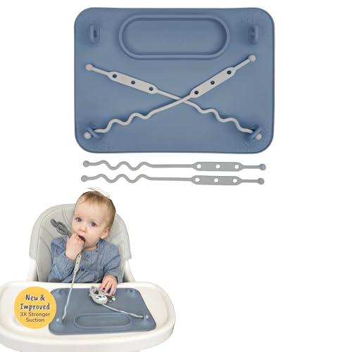 Image of BUSY BABY Silicone Mat - NEW and Improved Suction Cups, 4 Straps to Secure Baby Essentials, Self Feeding, Baby Led Weaning, Travel Sleeve Included (Pewter)