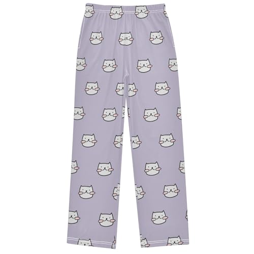 Boy's Pj Pants Cute White Cat Red Blush Art Lounge Bottoms Elastic Waist Kids Joggers with Pockets Size 6-14