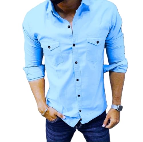 Image of BADLAND Men's Double Pocket Solid Cotton Regular Fit Casual Shirt with Spread Collar and Full Sleeves||Double Pocket Shirt for Men|| Shirt for Men||Plain Shirt for Men