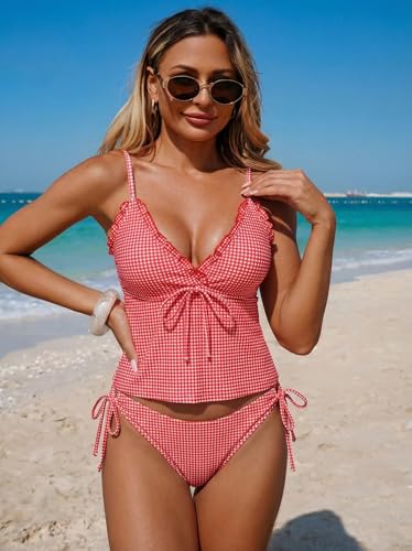 Image of ZAFUL Women's V Neck Textured Knot Tie Ruffle Trim Tankini Swimsuits | Back Self Tie, Sexy Plunging Neck, Relaxed Tummy Control Tank Top, Tie Side Cheeky Bikini Bottom, 2 Piece Bathing Suit